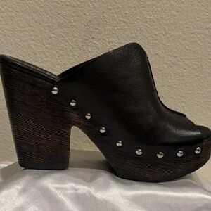 Kork Ease Black Leather Platform Mule/Block Heel Silver Detail Peep Toe